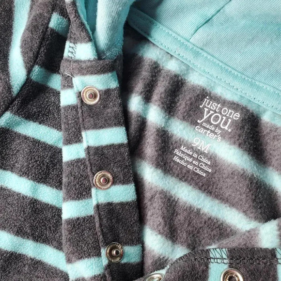Just One You by Carter's Elephant Striped Fleece Hooded Bodysuit Gray Blue Sz 9M - Picture 3 of 11